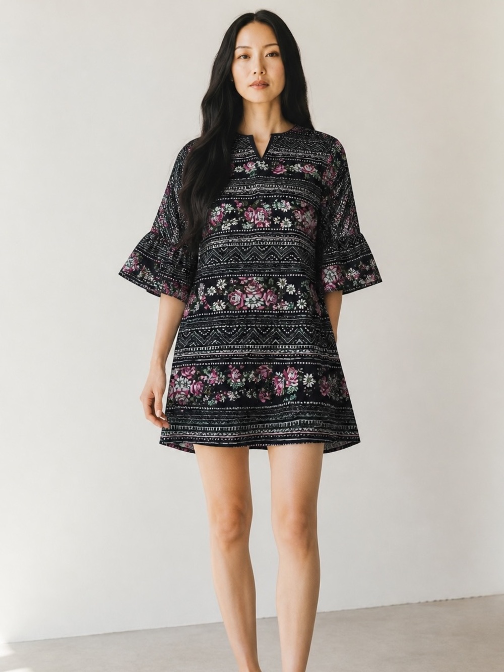 Paper Crane Floral Striped A-Line Mini Dress in Black and Purple with Fun Back